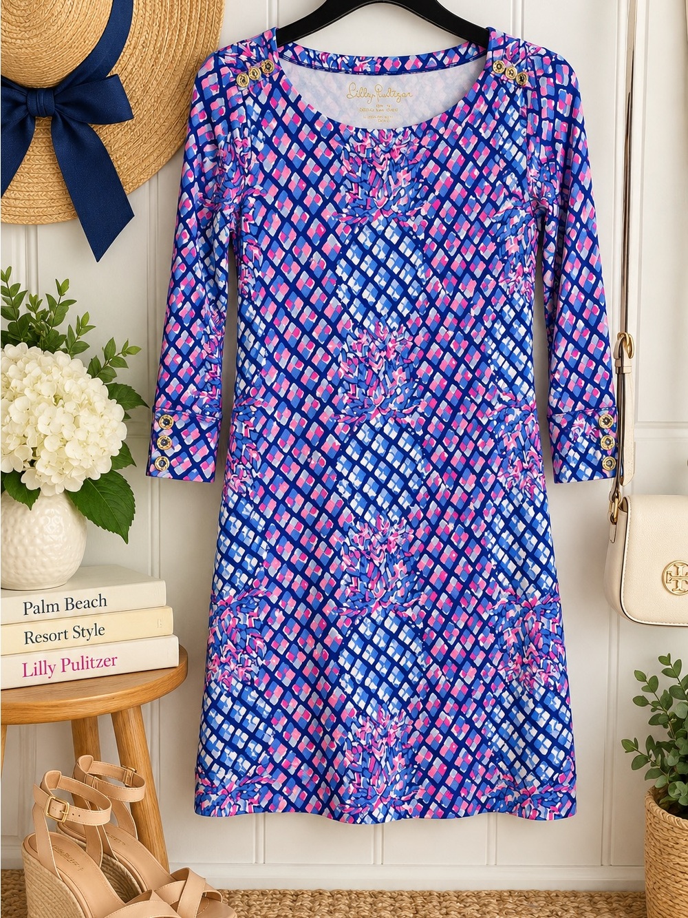Lilly Pulitzer Blue Pink Geometric Print Midi Dress